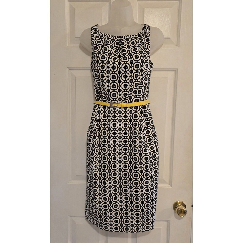 Nine West Sheath Dress Women Sz 4 Blk & White Print w/ Yellow Belt Modcore Chic